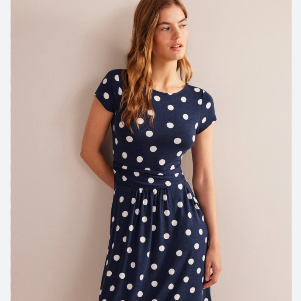 BODEN Polka Dot A-Line Dress in Navy Blue and White